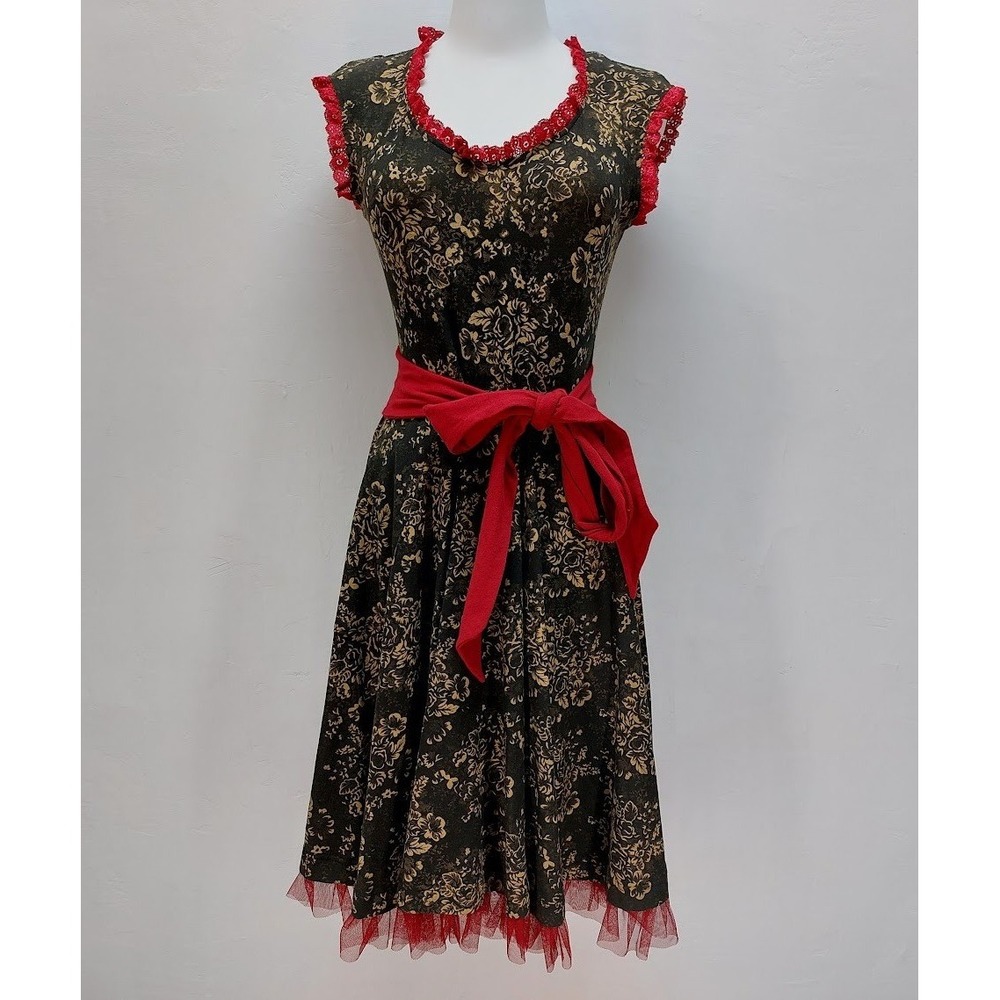Effie's Heart Floral Fit Flare Dress Women's Small Black Red Lace Hem Rockabilly
